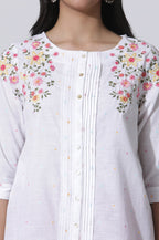 W for Woman White Embroidered Cotton Top With Pintucks | Grocsy