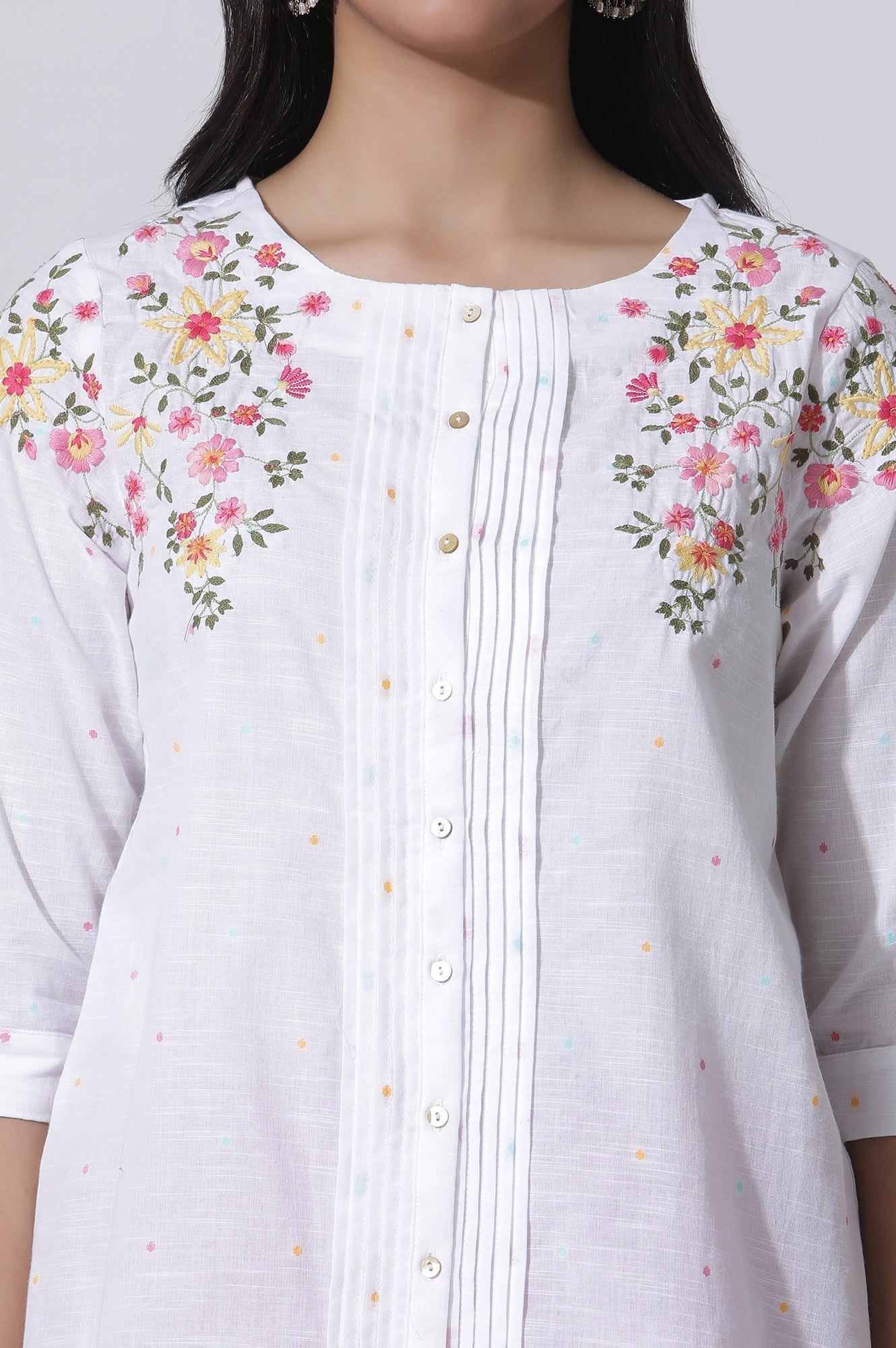 W for Woman White Embroidered Cotton Top With Pintucks | Grocsy
