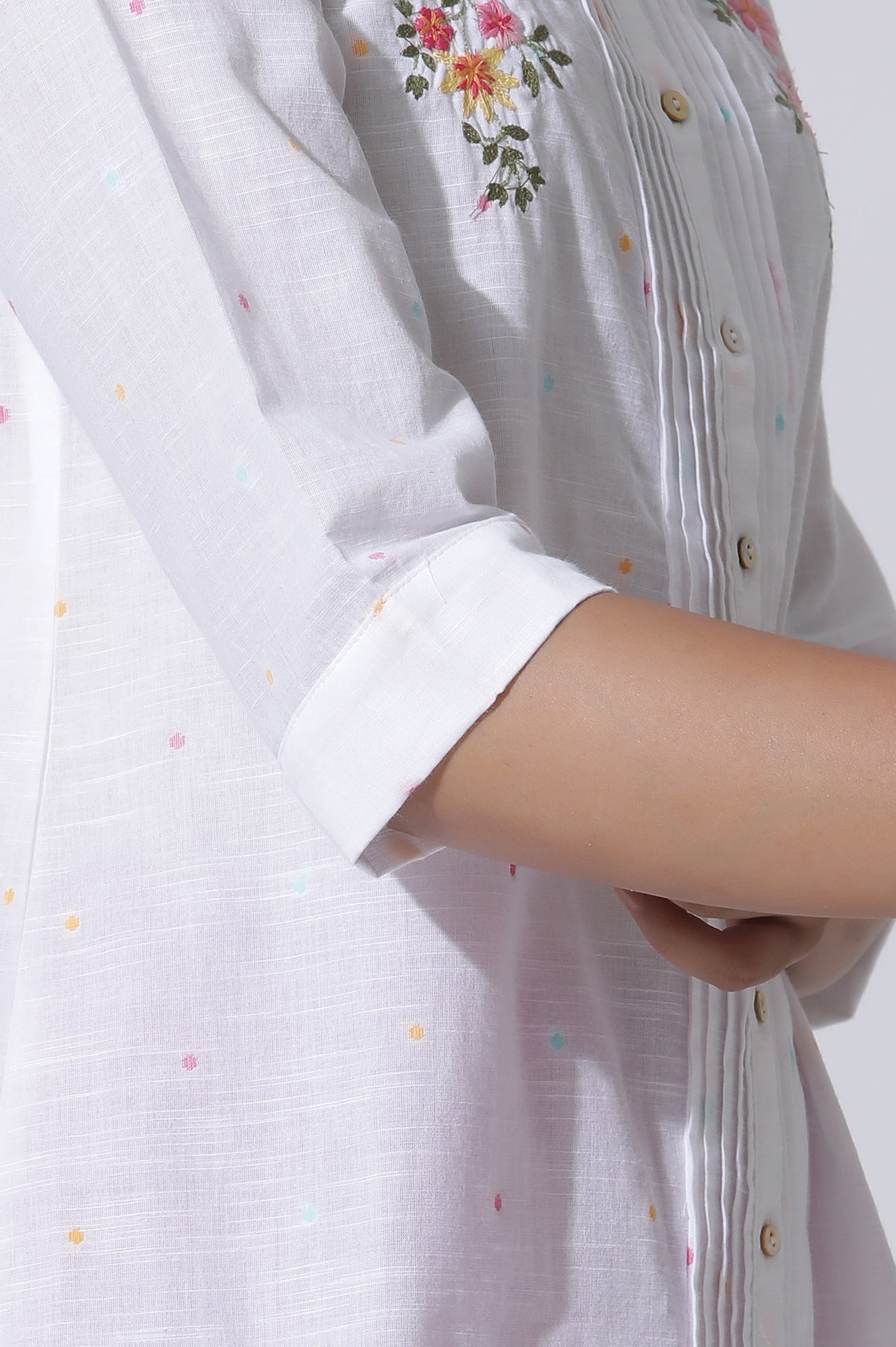 W for Woman White Embroidered Cotton Top With Pintucks | Grocsy