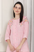 W for Woman Pink Stripe Printed Thread Embroidered Pure Cotton Regular Fit Top | Grocsy