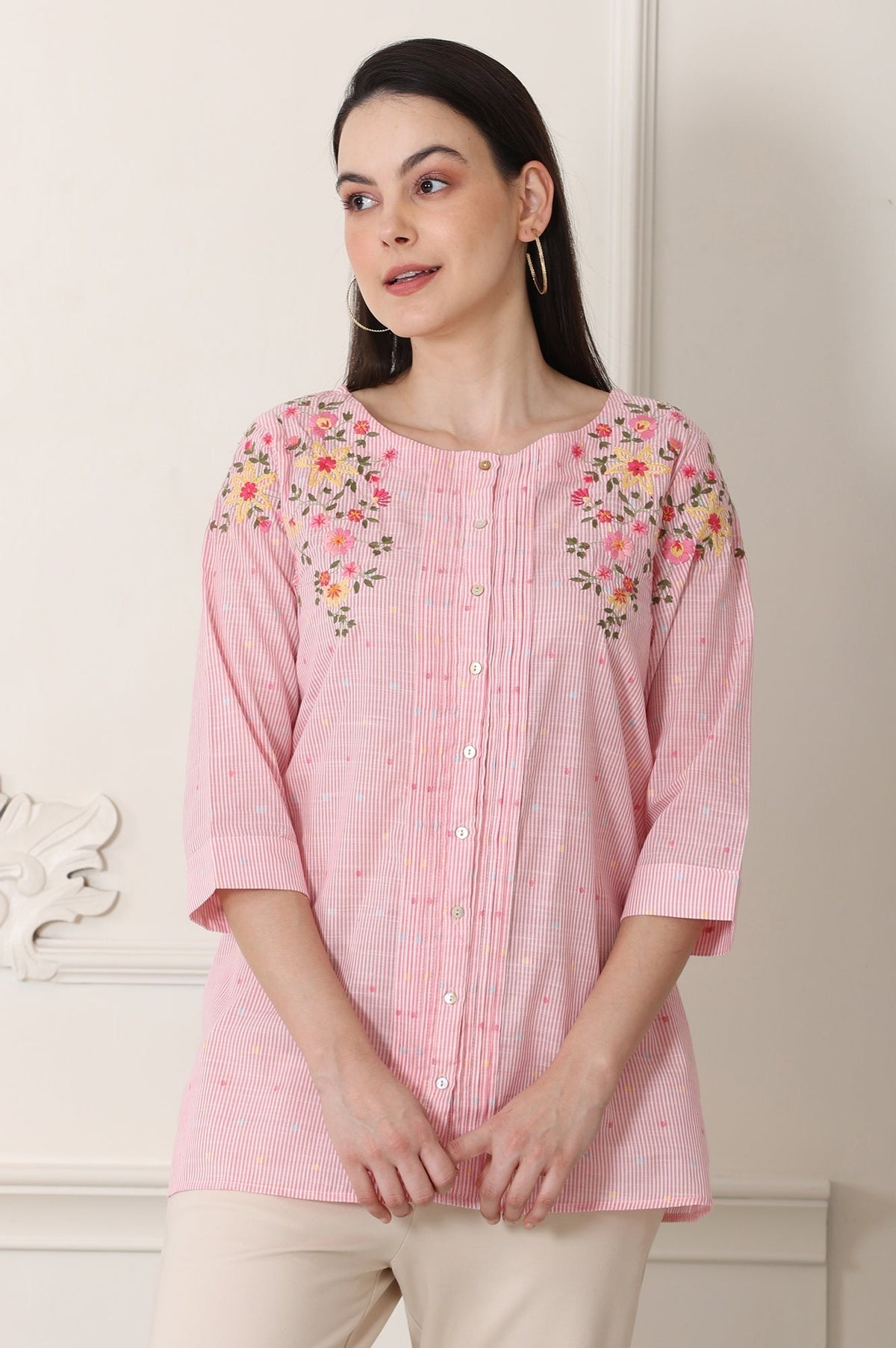 W for Woman Pink Stripe Printed Thread Embroidered Pure Cotton Regular Fit Top | Grocsy