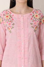 W for Woman Pink Stripe Printed Thread Embroidered Pure Cotton Regular Fit Top | Grocsy