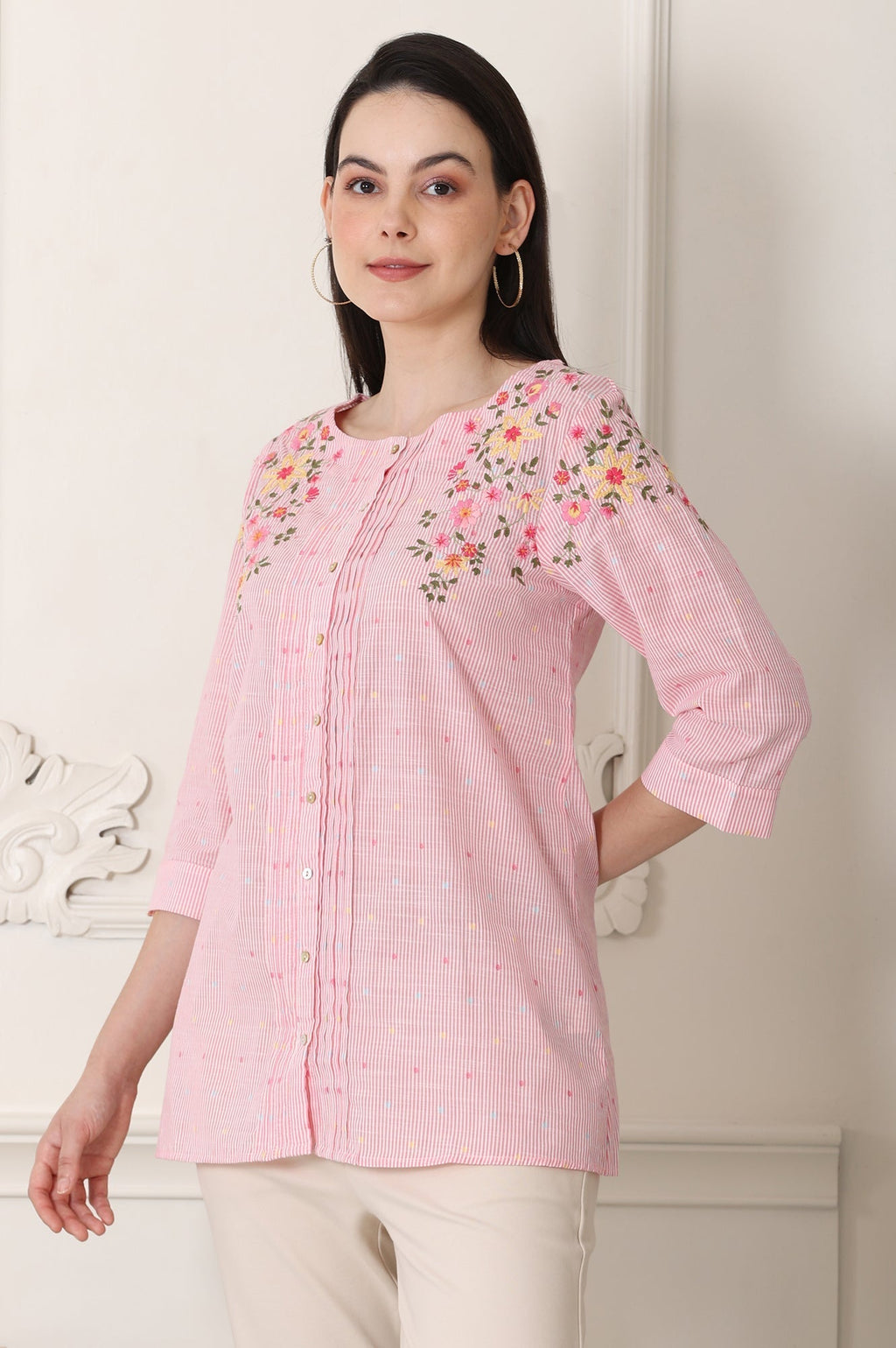 W for Woman Pink Stripe Printed Thread Embroidered Pure Cotton Regular Fit Top | Grocsy