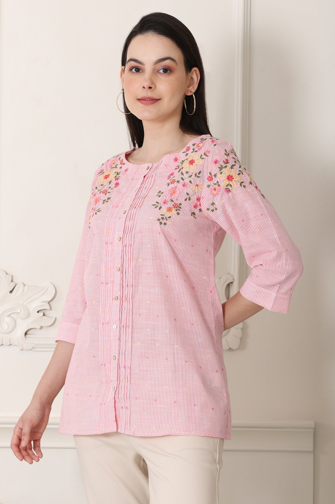 W for Woman Pink Stripe Printed Thread Embroidered Pure Cotton Regular Fit Top | Grocsy