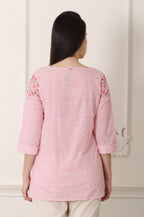 W for Woman Pink Stripe Printed Thread Embroidered Pure Cotton Regular Fit Top | Grocsy