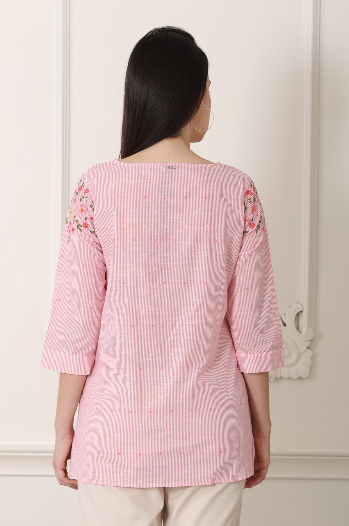 W for Woman Pink Stripe Printed Thread Embroidered Pure Cotton Regular Fit Top | Grocsy