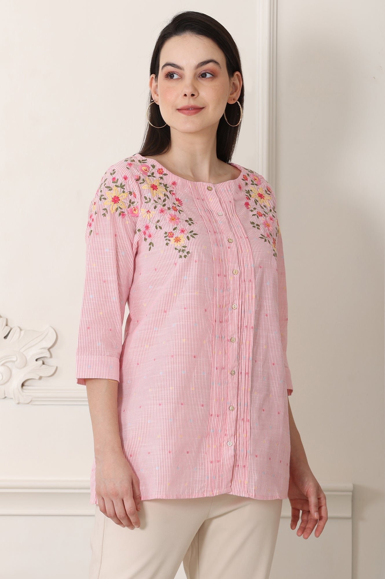 W for Woman Pink Stripe Printed Thread Embroidered Pure Cotton Regular Fit Top | Grocsy