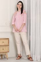 W for Woman Pink Stripe Printed Thread Embroidered Pure Cotton Regular Fit Top | Grocsy