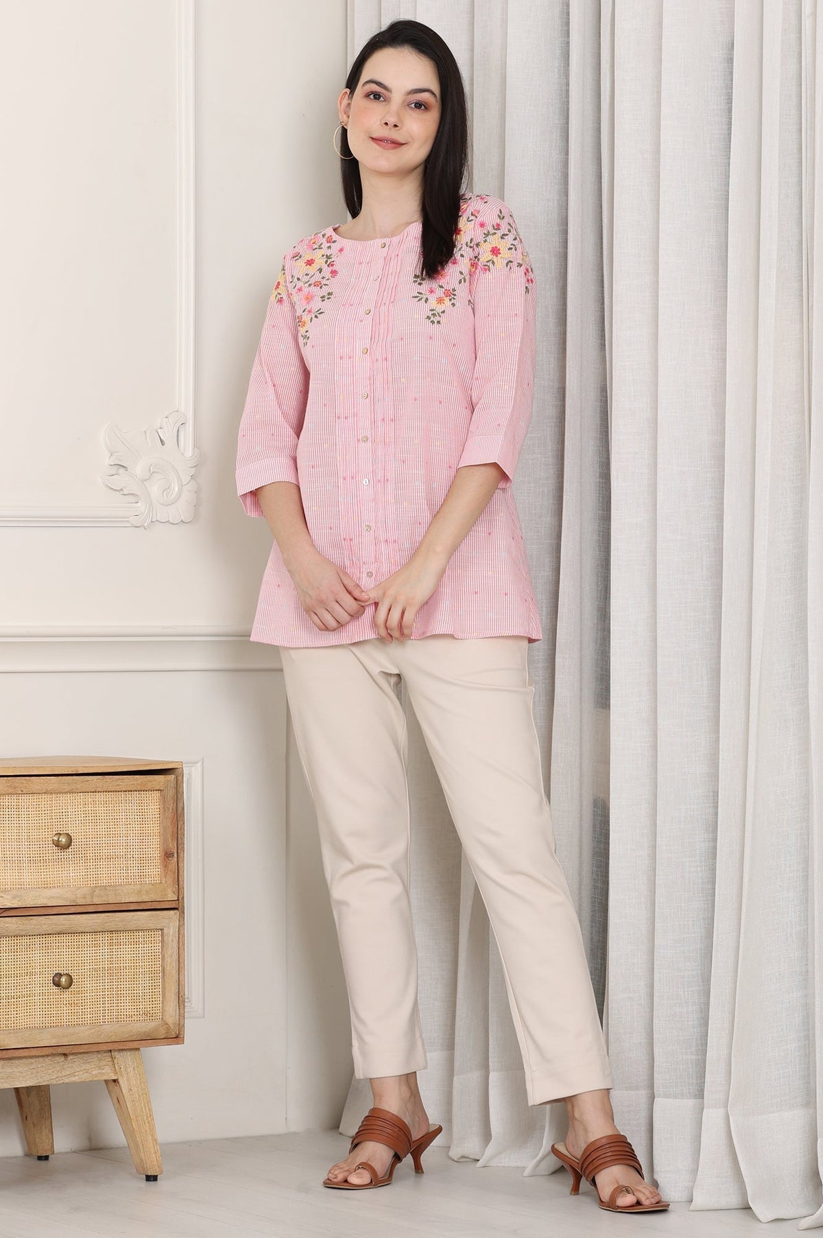 W for Woman Pink Stripe Printed Thread Embroidered Pure Cotton Regular Fit Top | Grocsy