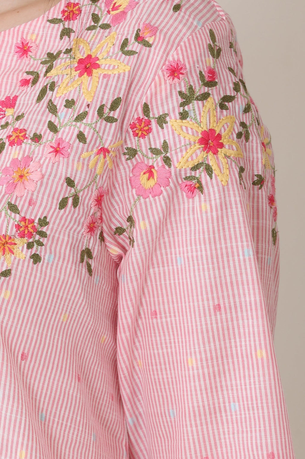 W for Woman Pink Stripe Printed Thread Embroidered Pure Cotton Regular Fit Top | Grocsy