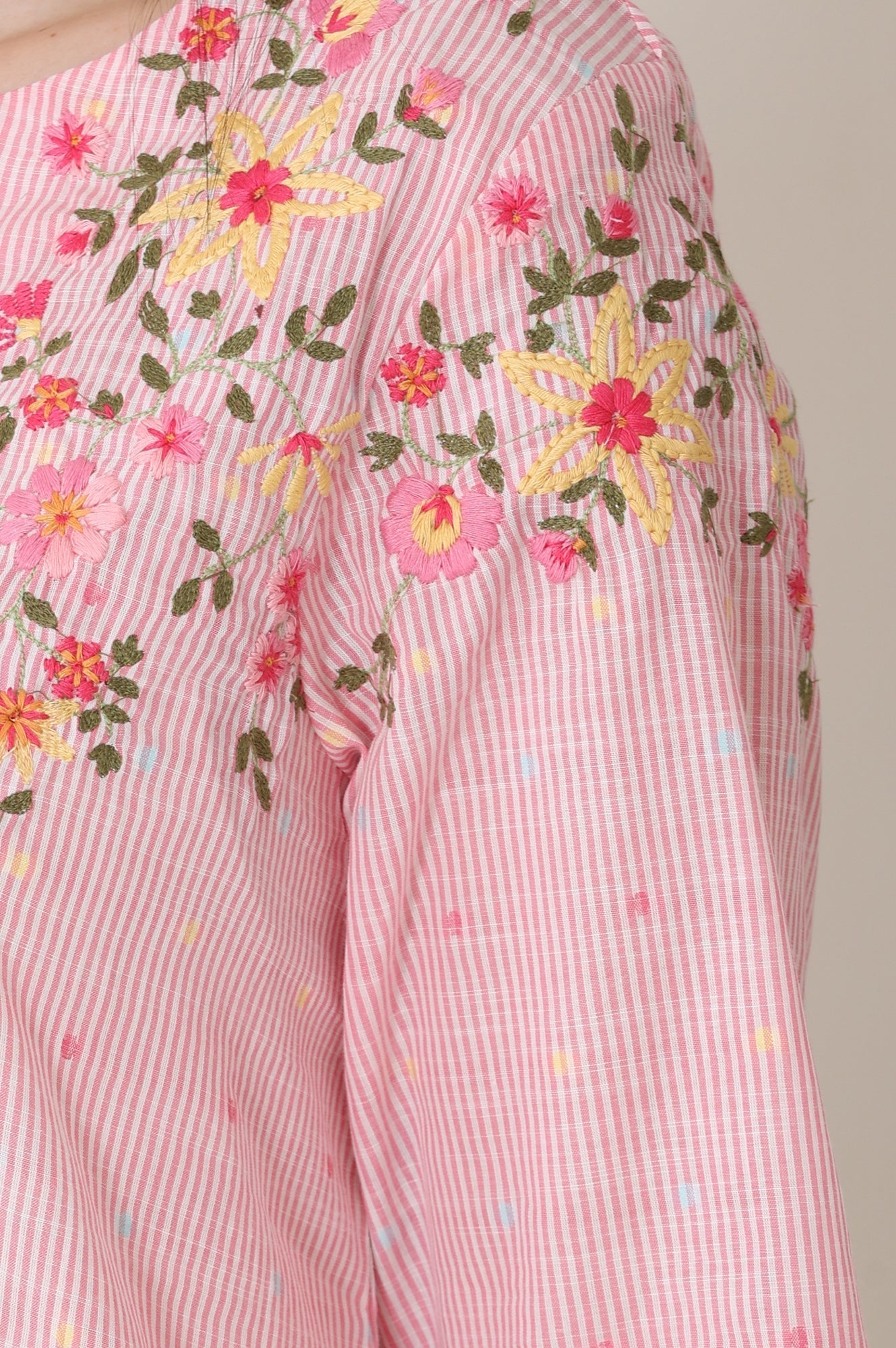 W for Woman Pink Stripe Printed Thread Embroidered Pure Cotton Regular Fit Top | Grocsy