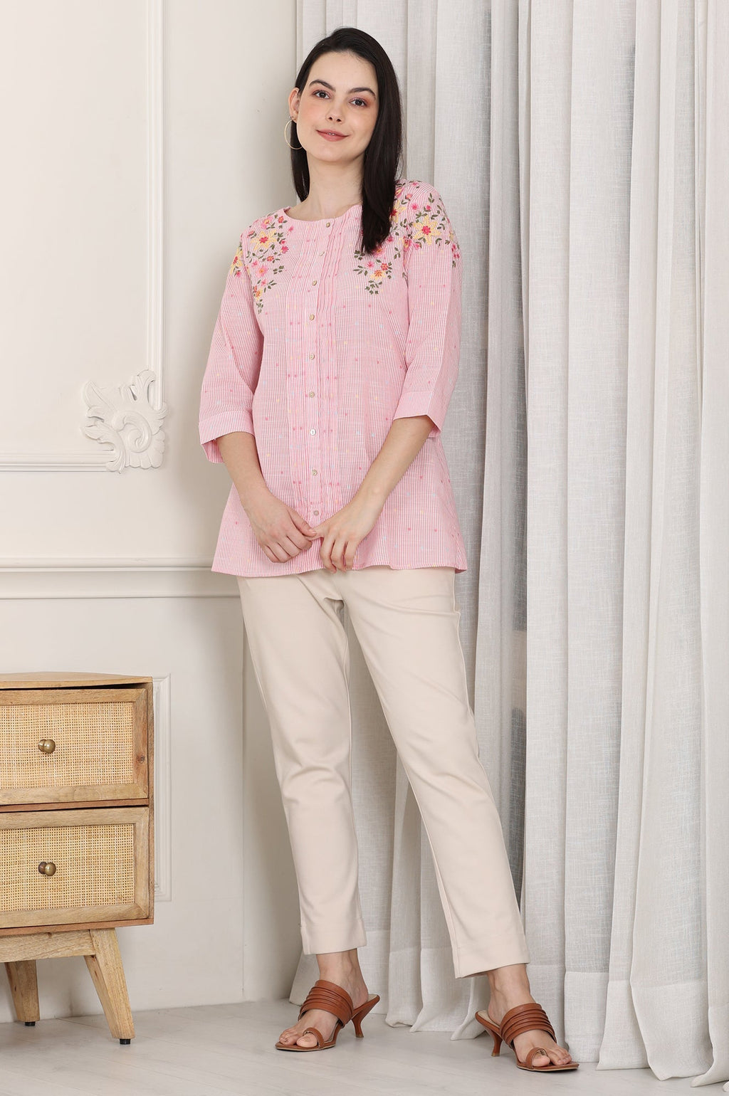 W for Woman Pink Stripe Printed Thread Embroidered Pure Cotton Regular Fit Top | Grocsy