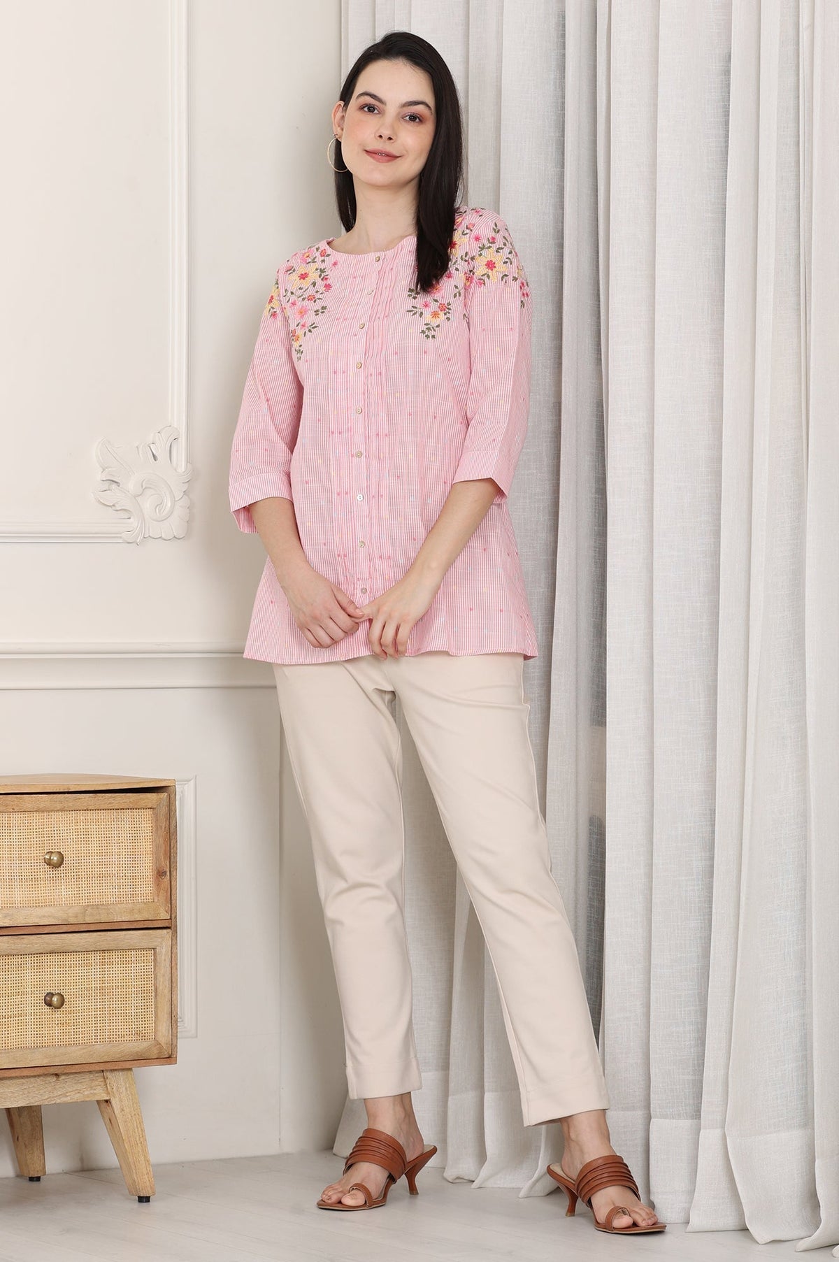 W for Woman Pink Stripe Printed Thread Embroidered Pure Cotton Regular Fit Top | Grocsy