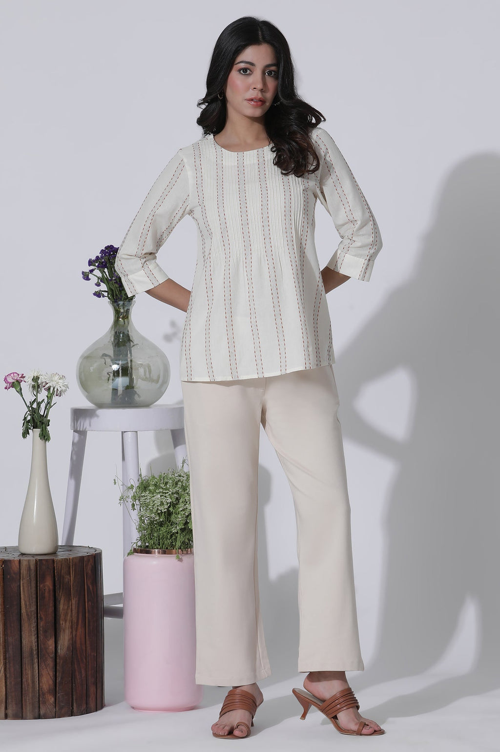 W for Woman White Yarn-Dyed Stripes Cotton Top | Grocsy