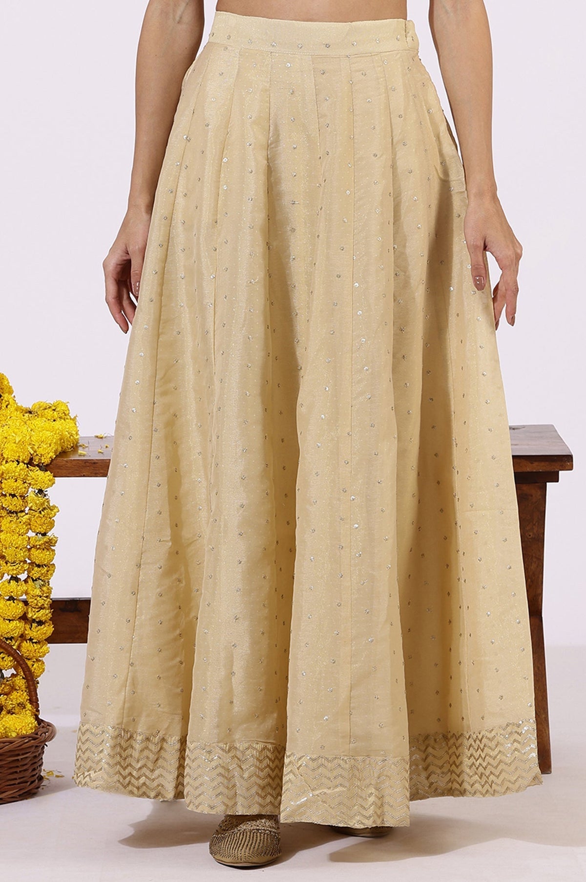 W for Woman Gold Solid Sequins Flarred Skirts | Grocsy