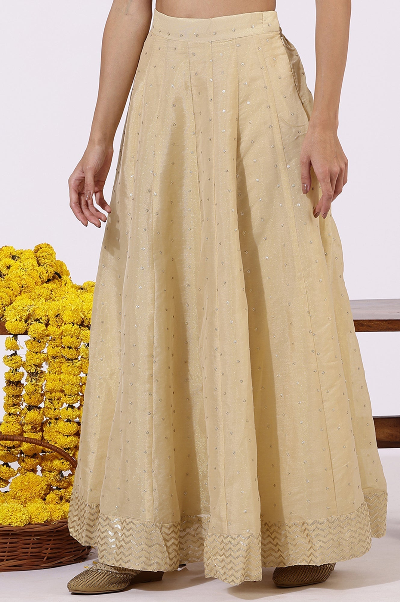 W for Woman Gold Solid Sequins Flarred Skirts | Grocsy
