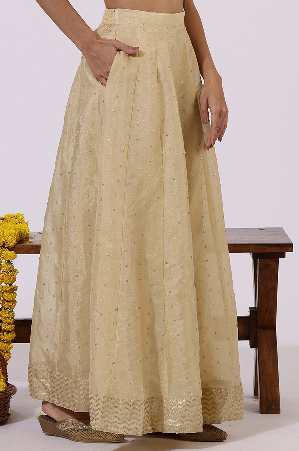 W for Woman Gold Solid Sequins Flarred Skirts | Grocsy