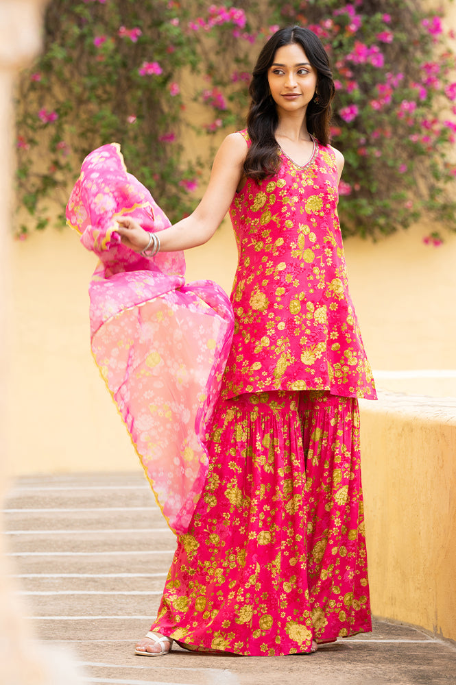 W for Woman Pink Floral Printed Sleeveless Short Kurta, Sharara And Dupatta Set | Grocsy