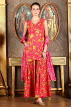 W for Woman Pink Floral Printed Sleeveless Short Kurta, Sharara And Dupatta Set | Grocsy