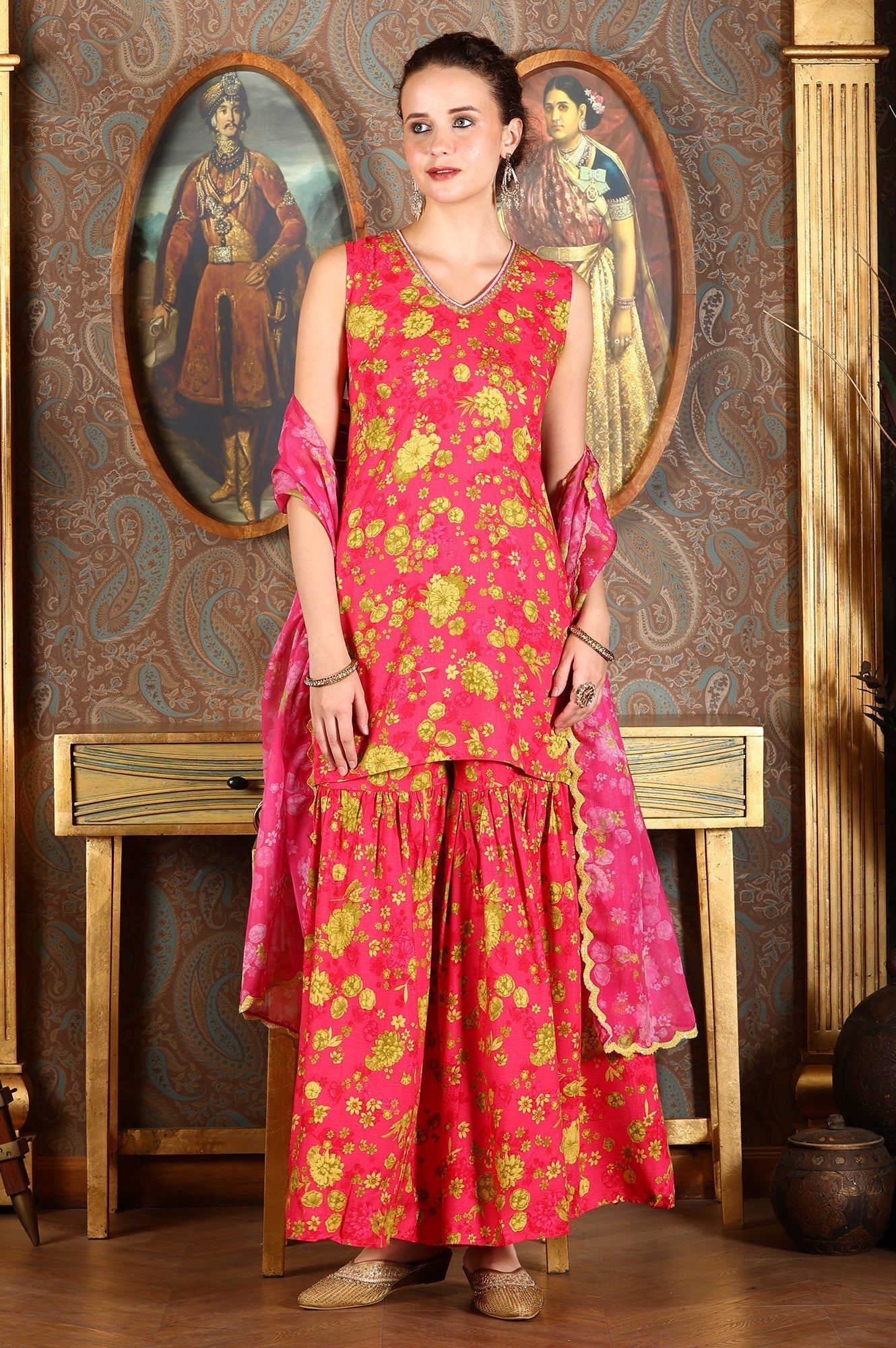 W for Woman Pink Floral Printed Sleeveless Short Kurta, Sharara And Dupatta Set | Grocsy