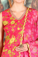 W for Woman Pink Floral Printed Sleeveless Short Kurta, Sharara And Dupatta Set | Grocsy