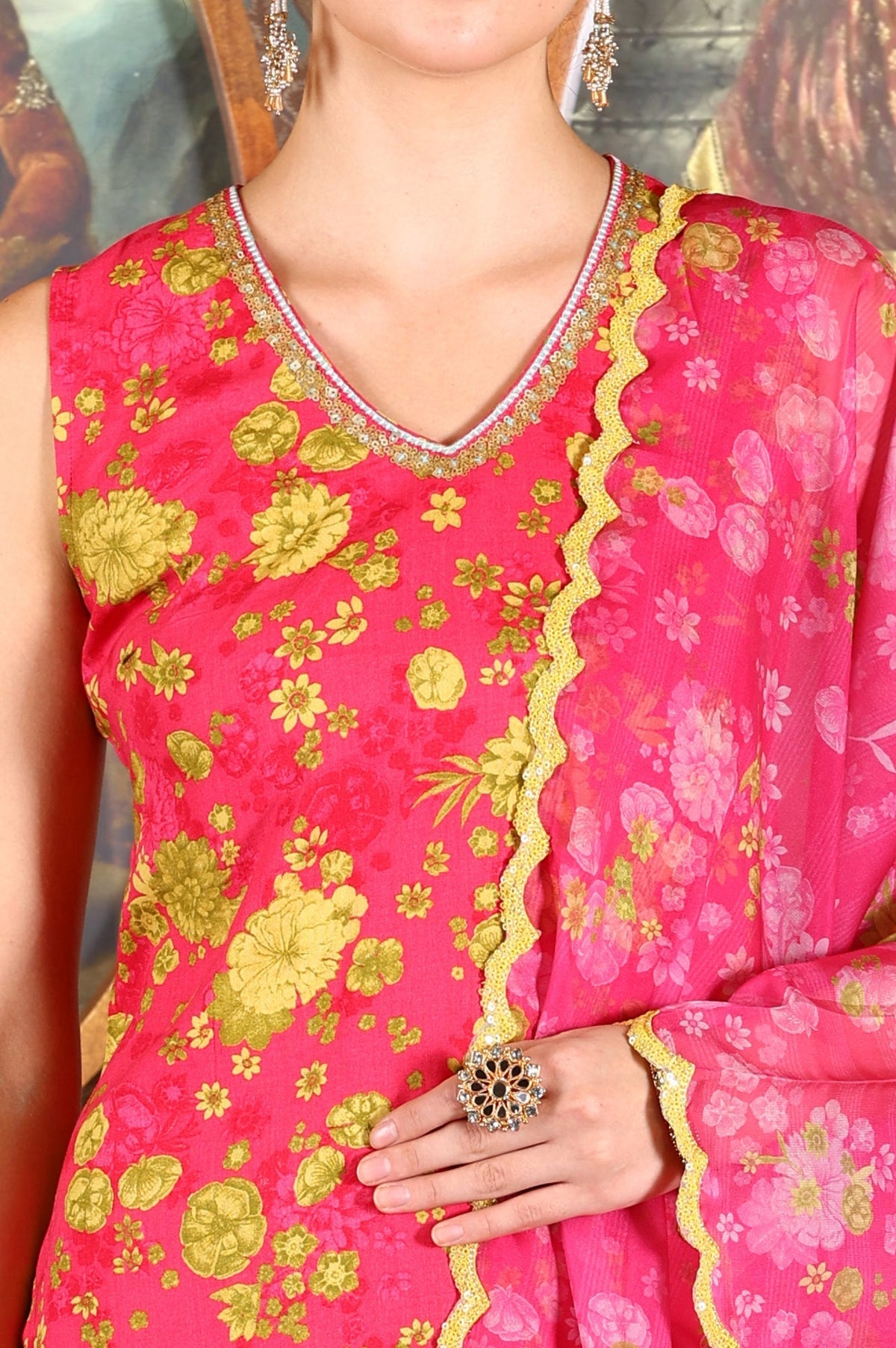 W for Woman Pink Floral Printed Sleeveless Short Kurta, Sharara And Dupatta Set | Grocsy