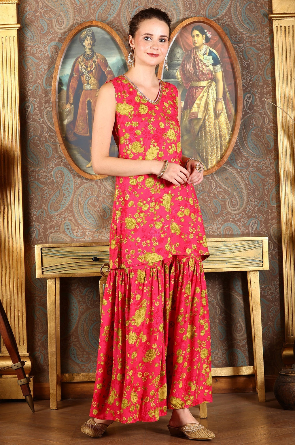 W for Woman Pink Floral Printed Sleeveless Short Kurta, Sharara And Dupatta Set | Grocsy