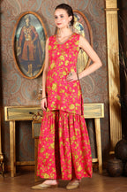 W for Woman Pink Floral Printed Sleeveless Short Kurta, Sharara And Dupatta Set | Grocsy