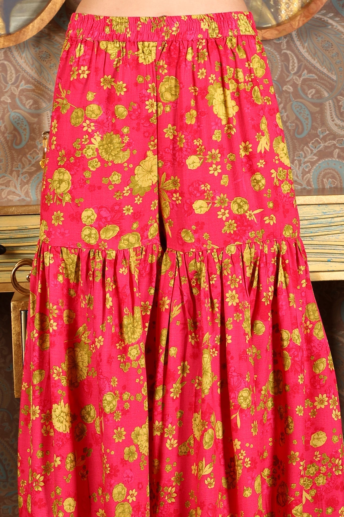 W for Woman Pink Floral Printed Sleeveless Short Kurta, Sharara And Dupatta Set | Grocsy