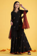 W for Woman Black Printed Metallic Embroidery Straight Kurta & Sharara with Dupatta Set | Grocsy