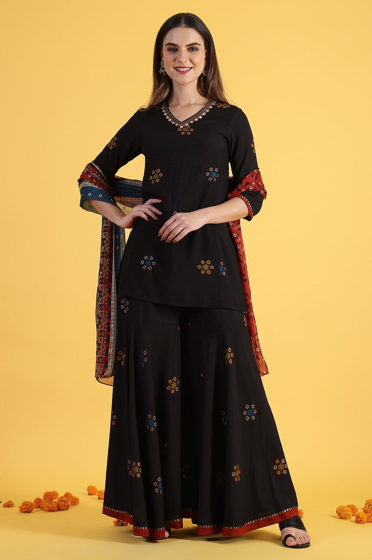 W for Woman Black Printed Metallic Embroidery Straight Kurta & Sharara with Dupatta Set | Grocsy