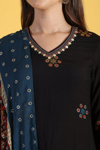 W for Woman Black Printed Metallic Embroidery Straight Kurta & Sharara with Dupatta Set | Grocsy