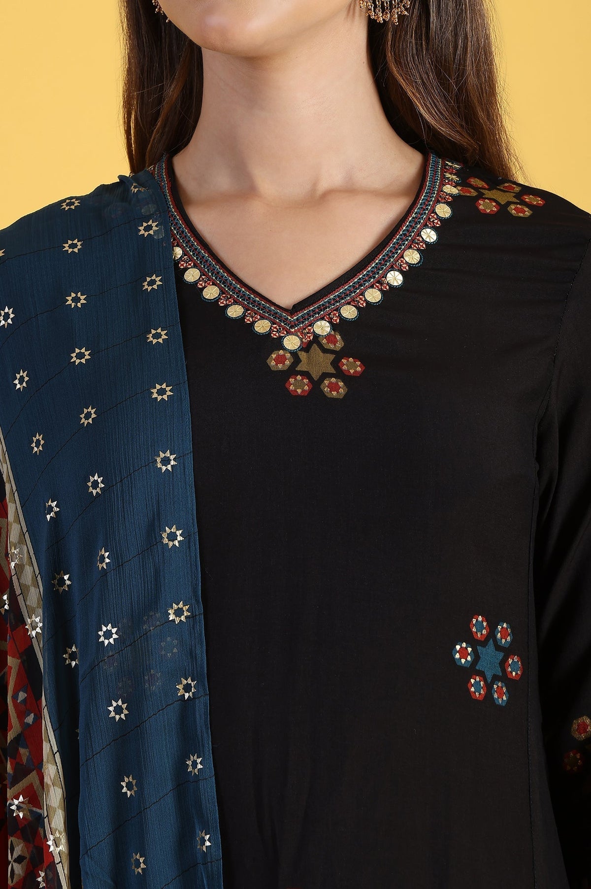 W for Woman Black Printed Metallic Embroidery Straight Kurta & Sharara with Dupatta Set | Grocsy