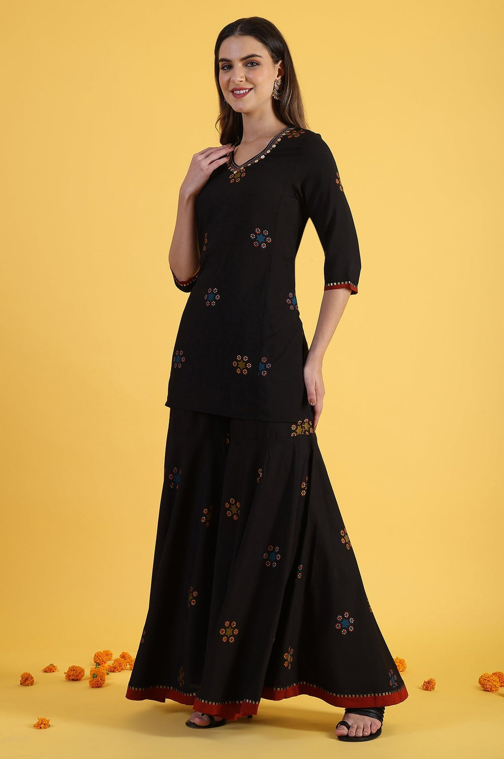 W for Woman Black Printed Metallic Embroidery Straight Kurta & Sharara with Dupatta Set | Grocsy