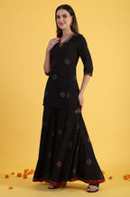 W for Woman Black Printed Metallic Embroidery Straight Kurta & Sharara with Dupatta Set | Grocsy