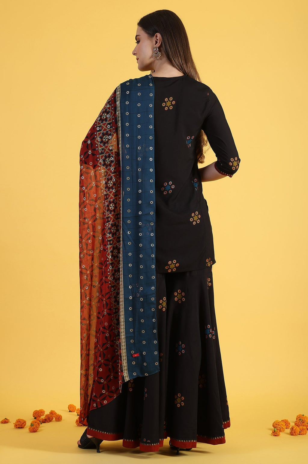 W for Woman Black Printed Metallic Embroidery Straight Kurta & Sharara with Dupatta Set | Grocsy