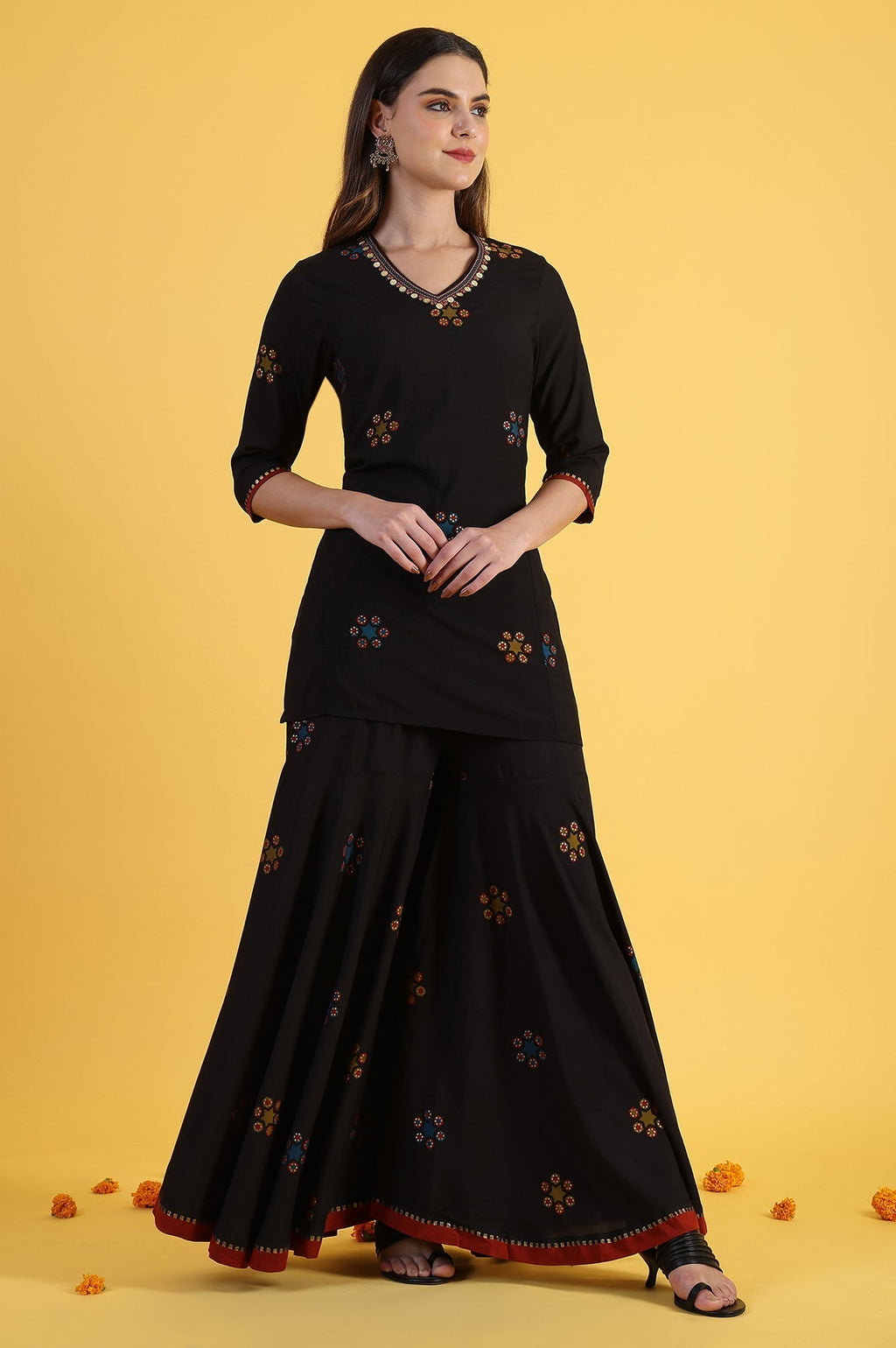 W for Woman Black Printed Metallic Embroidery Straight Kurta & Sharara with Dupatta Set | Grocsy