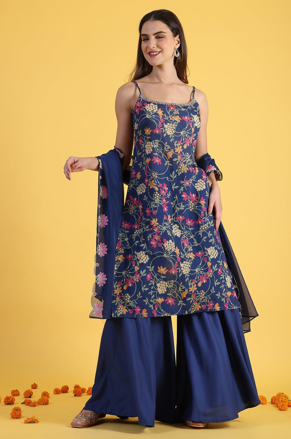 W for Woman Blue Printed Metallic Embroidery Straight Kurta & Sharara with Dupatta Set | Grocsy