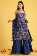 W for Woman Blue Printed Metallic Embroidery Straight Kurta & Sharara with Dupatta Set | Grocsy