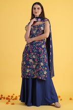 W for Woman Blue Printed Metallic Embroidery Straight Kurta & Sharara with Dupatta Set | Grocsy
