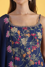 W for Woman Blue Printed Metallic Embroidery Straight Kurta & Sharara with Dupatta Set | Grocsy