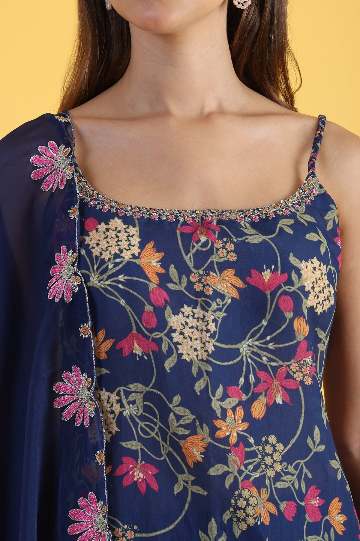 W for Woman Blue Printed Metallic Embroidery Straight Kurta & Sharara with Dupatta Set | Grocsy