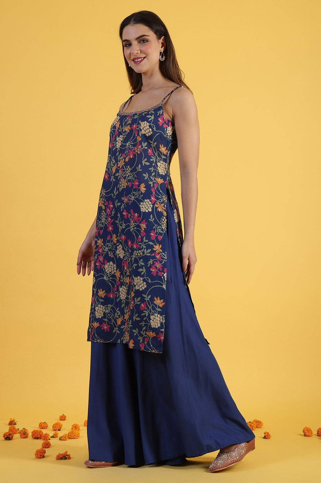 W for Woman Blue Printed Metallic Embroidery Straight Kurta & Sharara with Dupatta Set | Grocsy