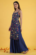 W for Woman Blue Printed Metallic Embroidery Straight Kurta & Sharara with Dupatta Set | Grocsy