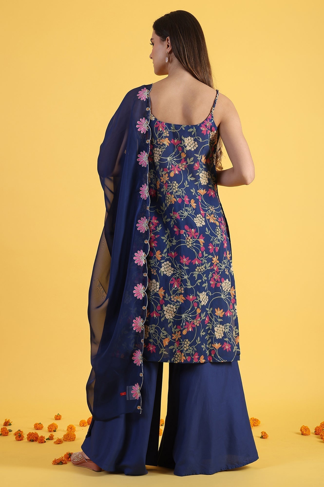 W for Woman Blue Printed Metallic Embroidery Straight Kurta & Sharara with Dupatta Set | Grocsy