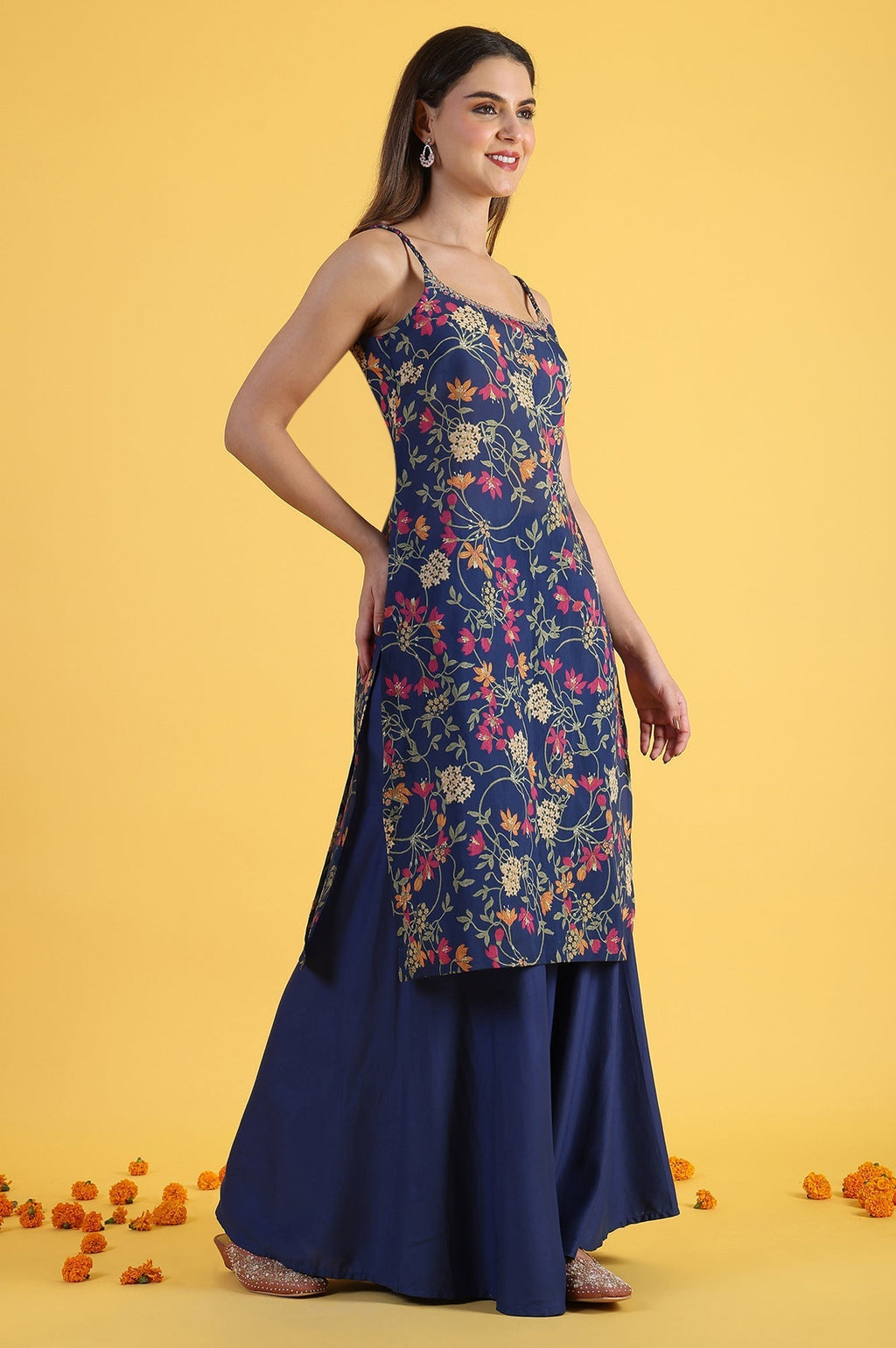 W for Woman Blue Printed Metallic Embroidery Straight Kurta & Sharara with Dupatta Set | Grocsy