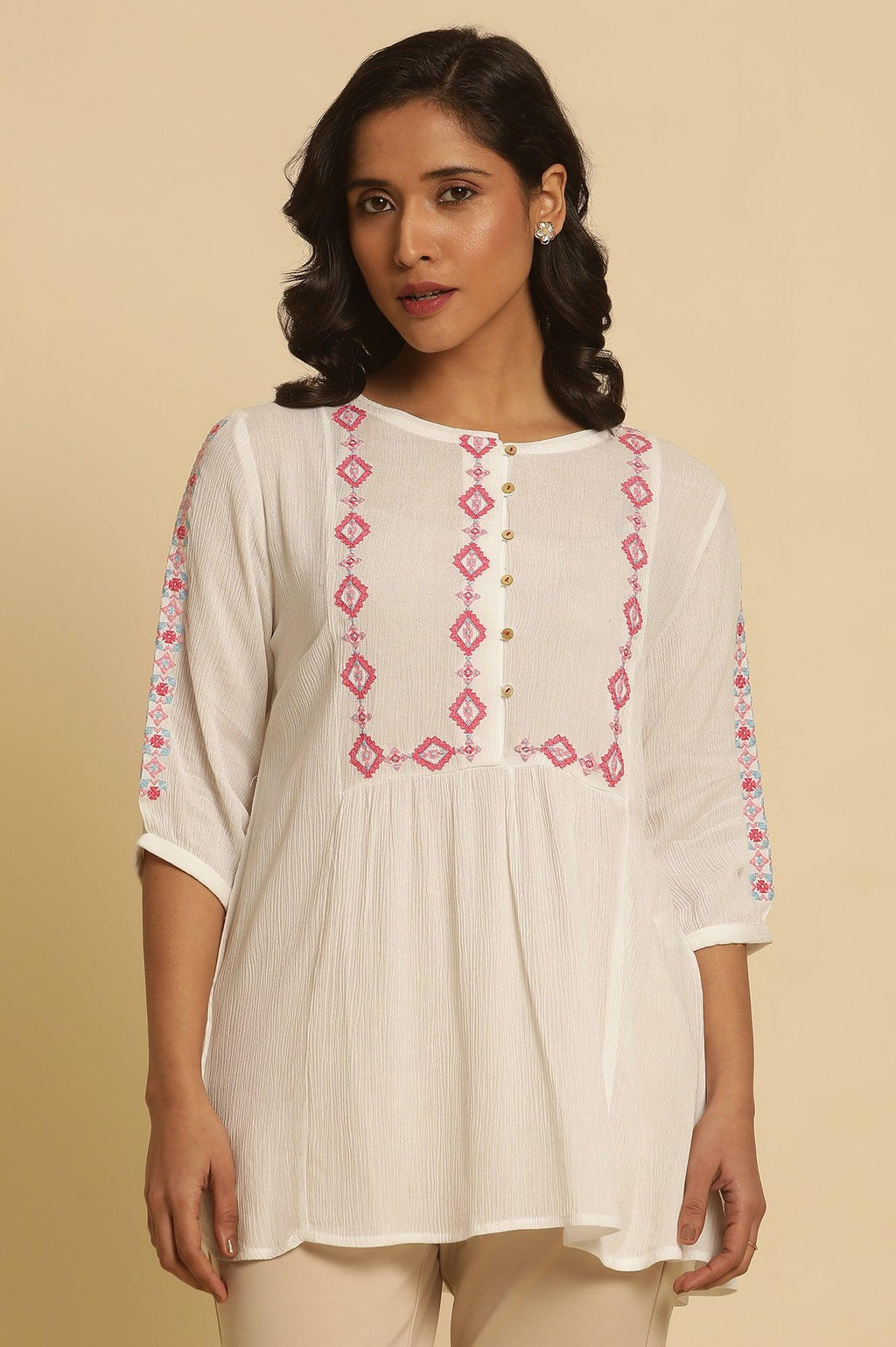 W for Woman White Solid Top With Thread Embroidery | Grocsy