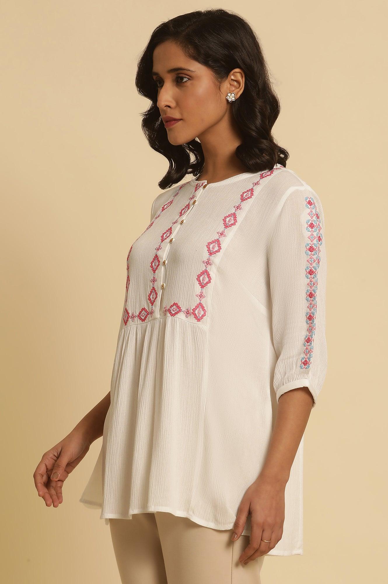 W for Woman White Solid Top With Thread Embroidery | Grocsy