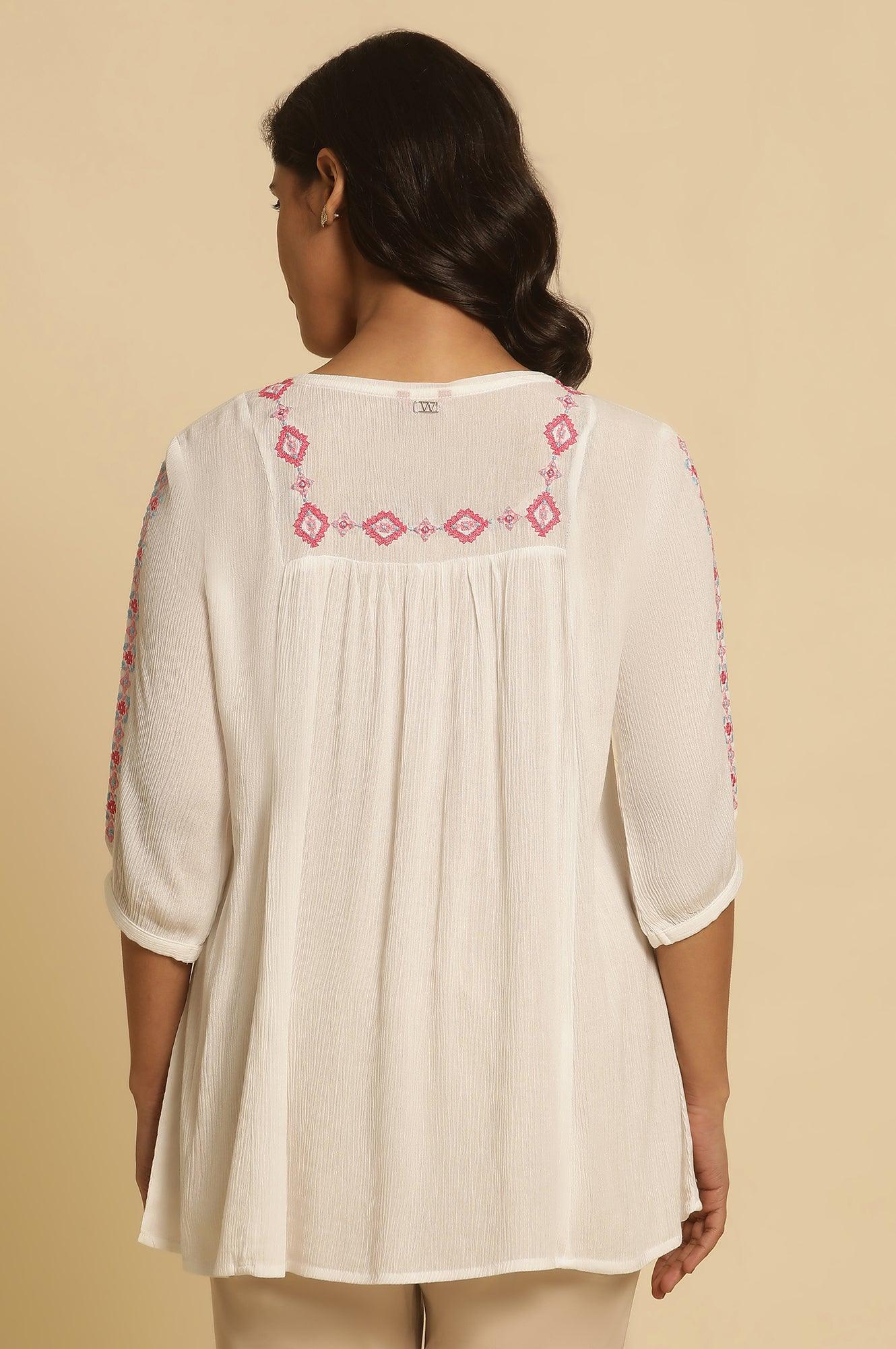 W for Woman White Solid Top With Thread Embroidery | Grocsy