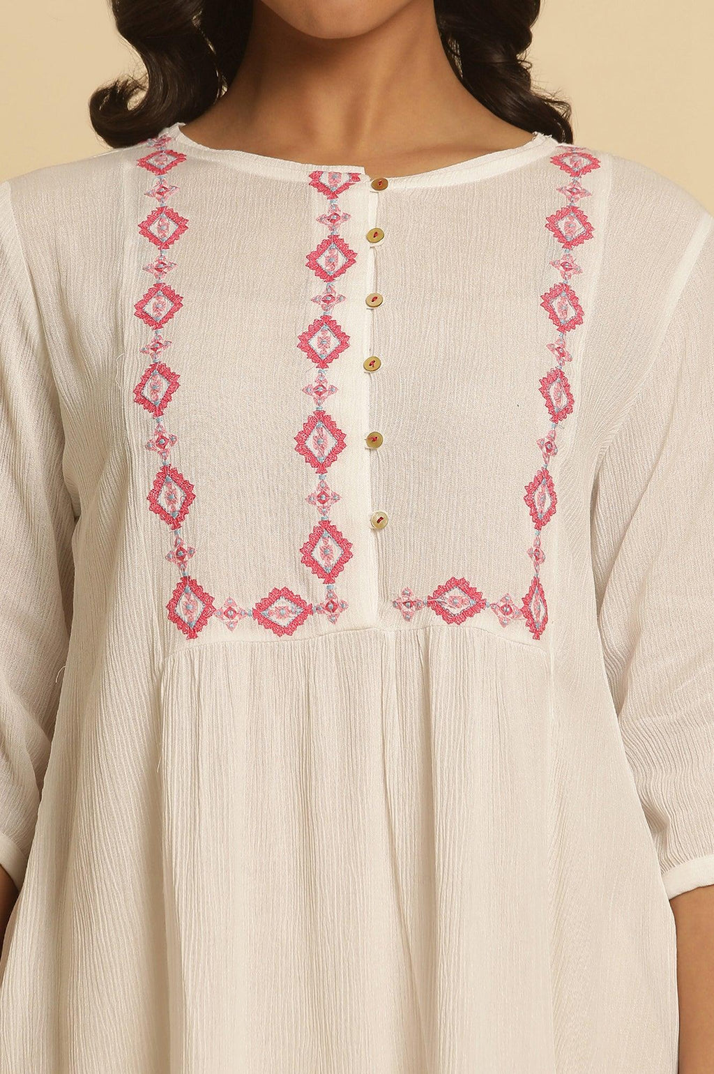 W for Woman White Solid Top With Thread Embroidery | Grocsy